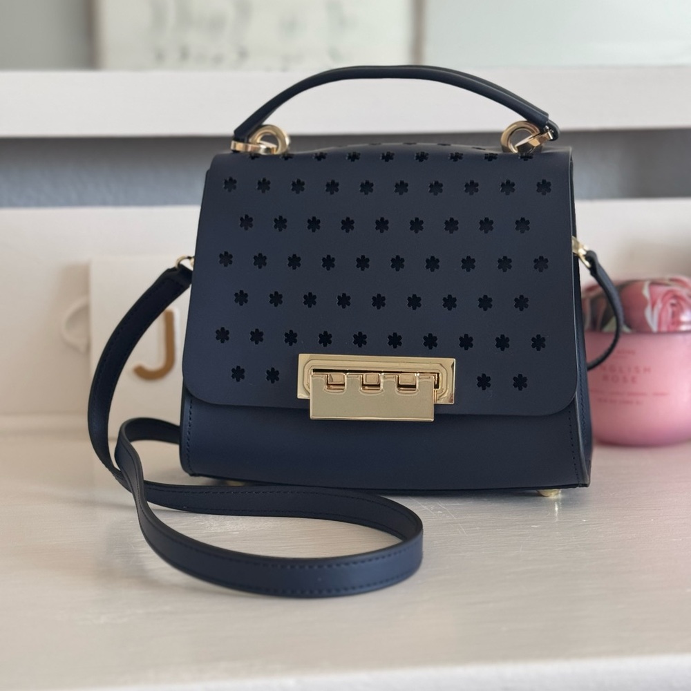 Zac Posen Eartha Mini Crossbody – Navy Blue Leather Gold Hardware Floral Eyelet